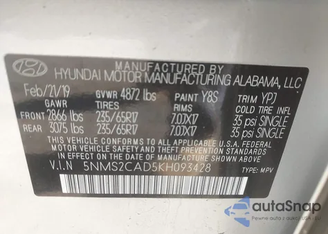 2019 Hyundai Santa Fe Se from USA, damaged, VIN 5NMS2CAD5KH093428